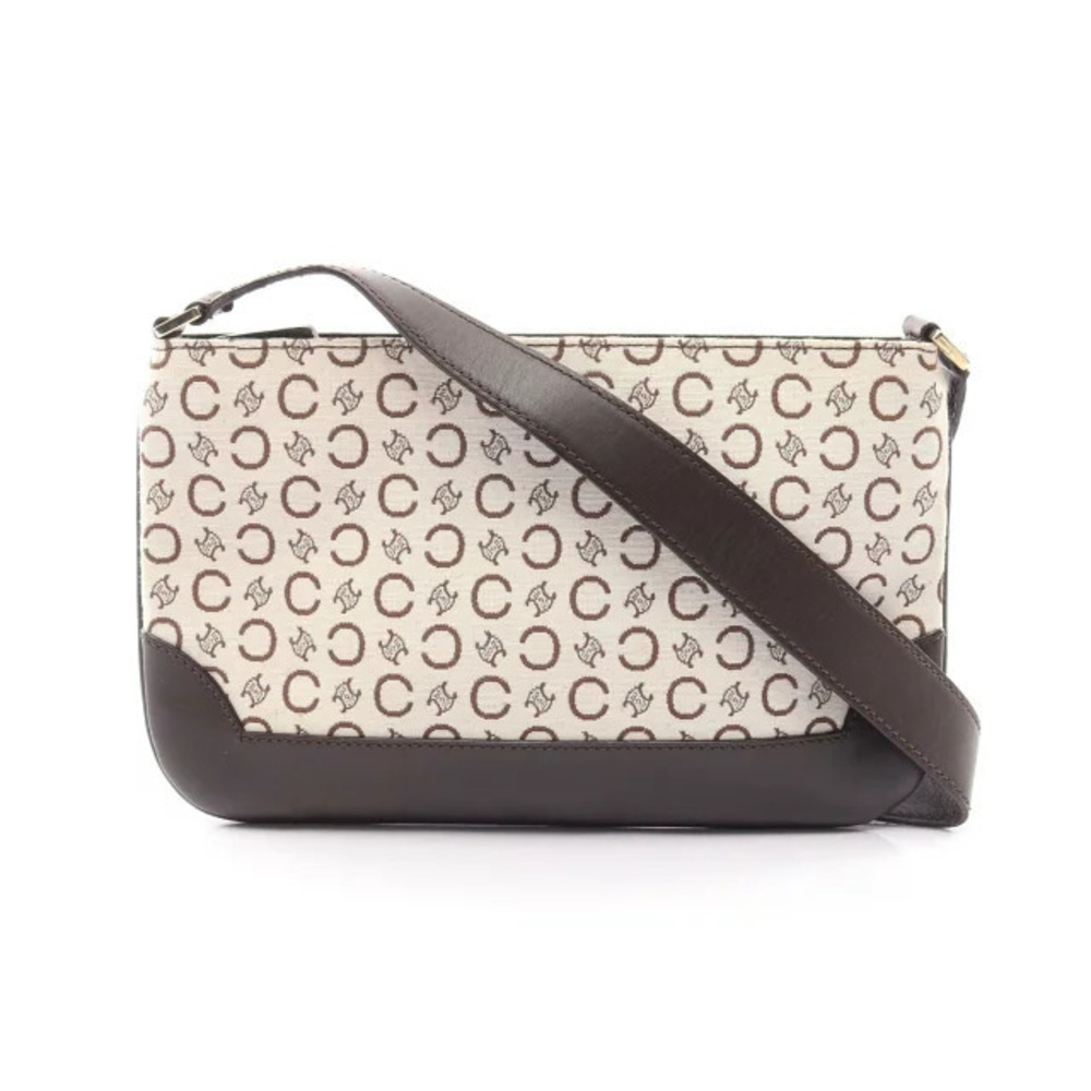 Celine Macadam Shoulder Bag Canvas Leather White Brown